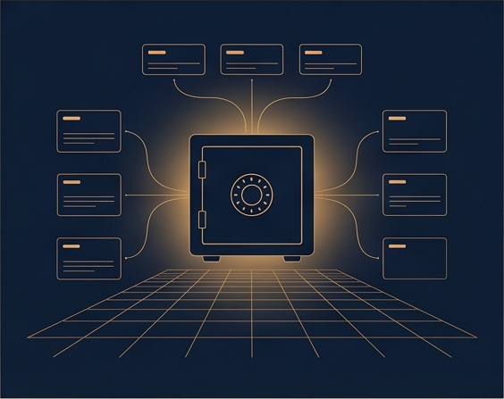Schéma d’un coffre numérique entouré de modules connectés.