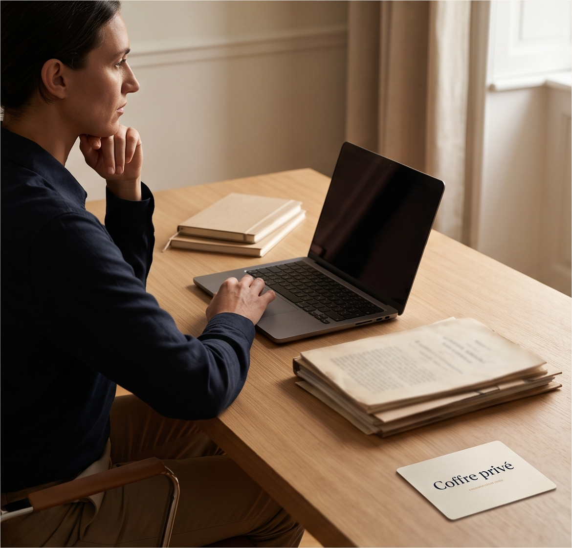 Personne de profil dans un bureau élégant, ordinateur, carnets et documents patrimoniaux.
